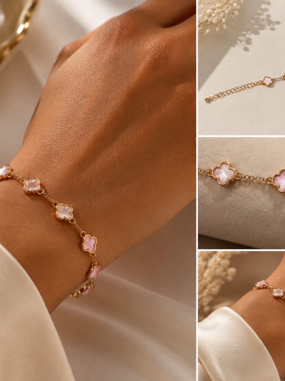 Elegant Pink Clover Charm Bracelet - Gold Chain